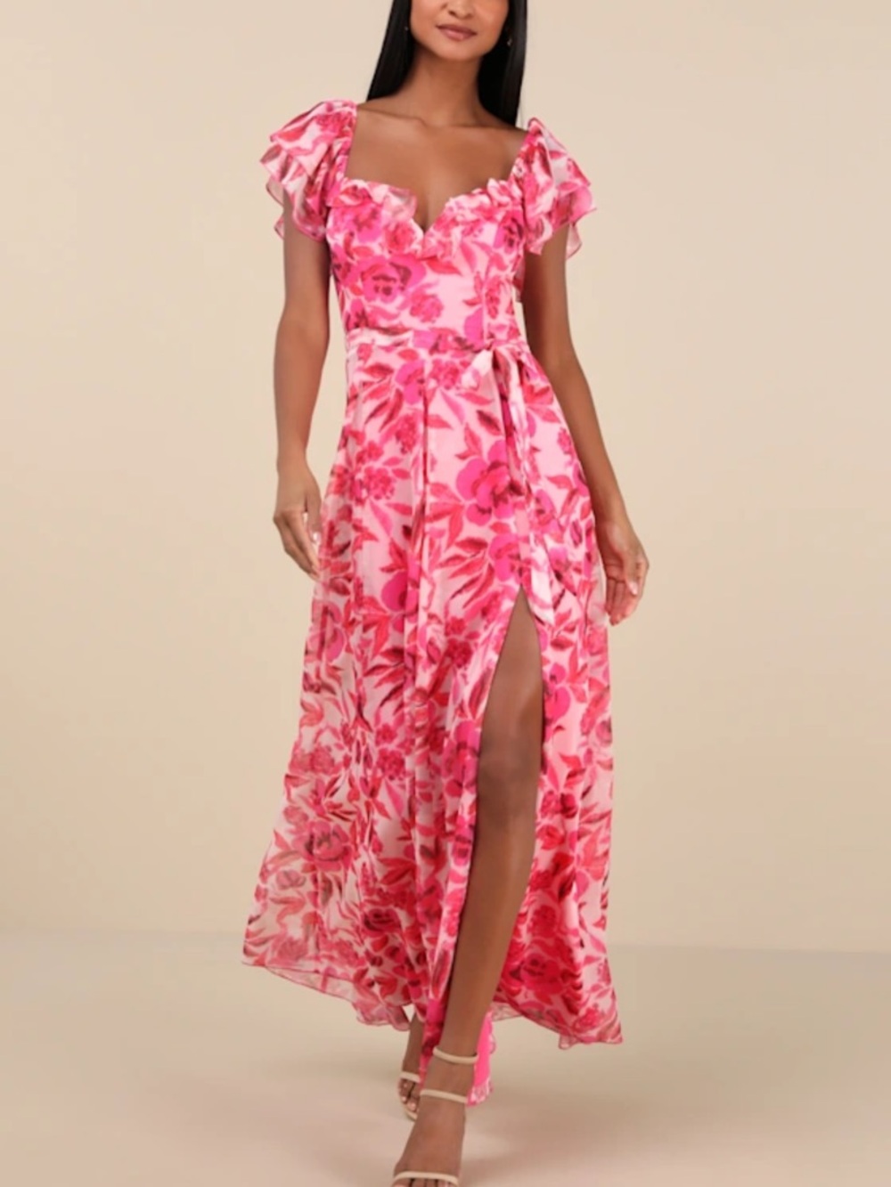Lulu's Pink Floral Ruffle Maxi Dress with Side Slit